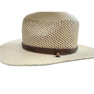 Stetson Vented Straw Safari Cowboy Hat Medium Leather Band Chin Cord